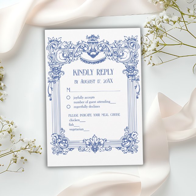 Elegante Blumenbarocke Blauer Säulenhochzeit RSVP Karte (Von Creator hochgeladen)