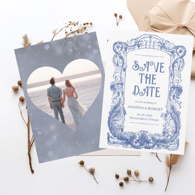 Elegante Blumenbarocke Blauer Säulenhochzeit Save The Date (Von Creator hochgeladen)