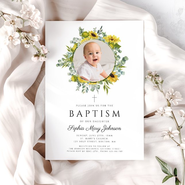 Elegante Blumenblumen Girl Foto Taufe Einladung (Elegant Floral Sunflowers Girl Photo Baptism Invitation)