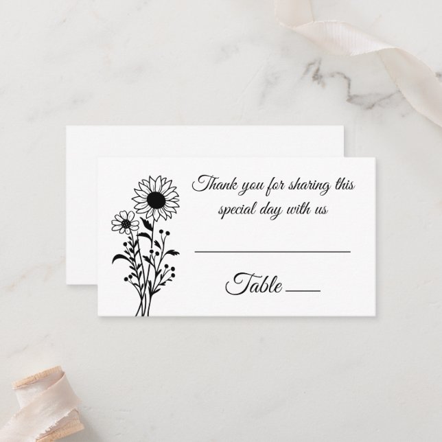 Elegante Blumenblumen Schwarz-weiß Hochzeit Platzkarte (Vorderseite/Rückseite Beispiel)