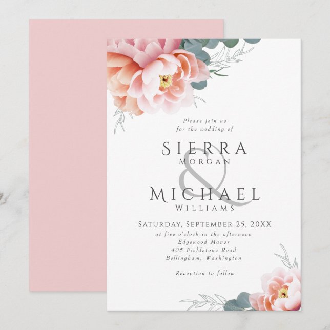 Elegante Blumenblush Pink Peony Greenerity Wedding Einladung (Vorne/Hinten)