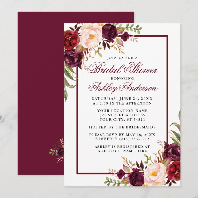 Elegante Blumendusche Burgund Bridal Einladung (Vorne/Hinten)