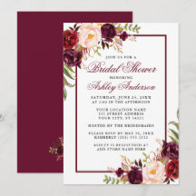 Elegante Blumendusche Burgund Bridal Einladung