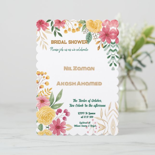 Elegante Blumendusche mit zwei Namen - Einladung (Stehend Vorderseite)