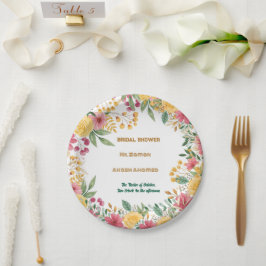 Elegante Blumendusche mit zwei Namen - Einladung Pappteller