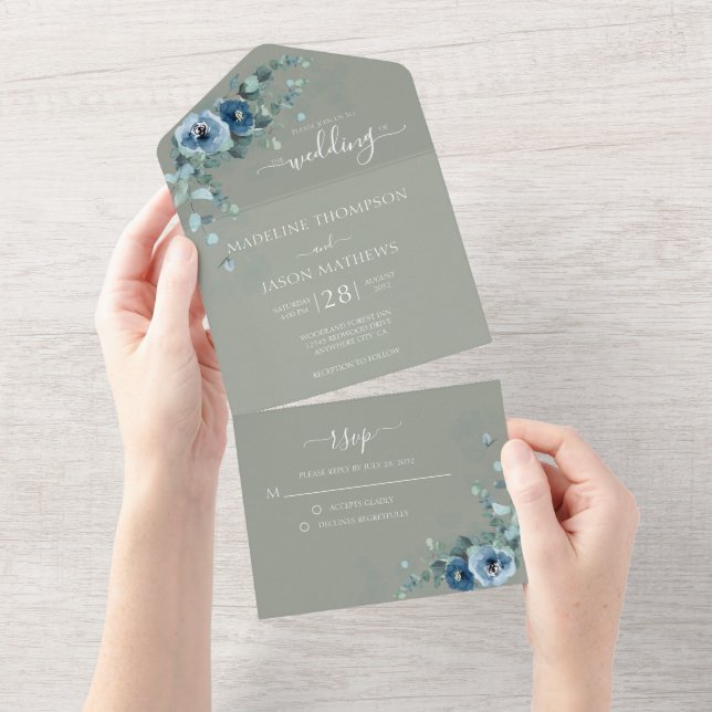 Elegante Blumendusty Schlicht Sage Green Wedding All In One Einladung (Abreißen)
