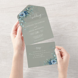Elegante Blumendusty Schlicht Sage Green Wedding All In One Einladung