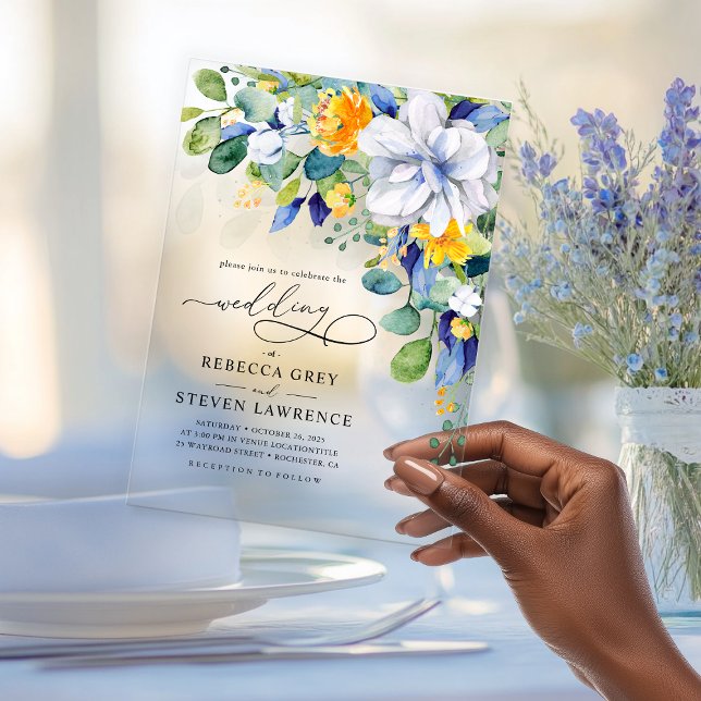 Elegante, blumengelbe blaue Hochzeit Acryleinladungen (Von Creator hochgeladen)