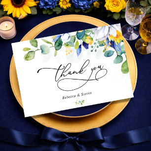 Elegante, blumengelbe blaue Hochzeit Dankeskarte