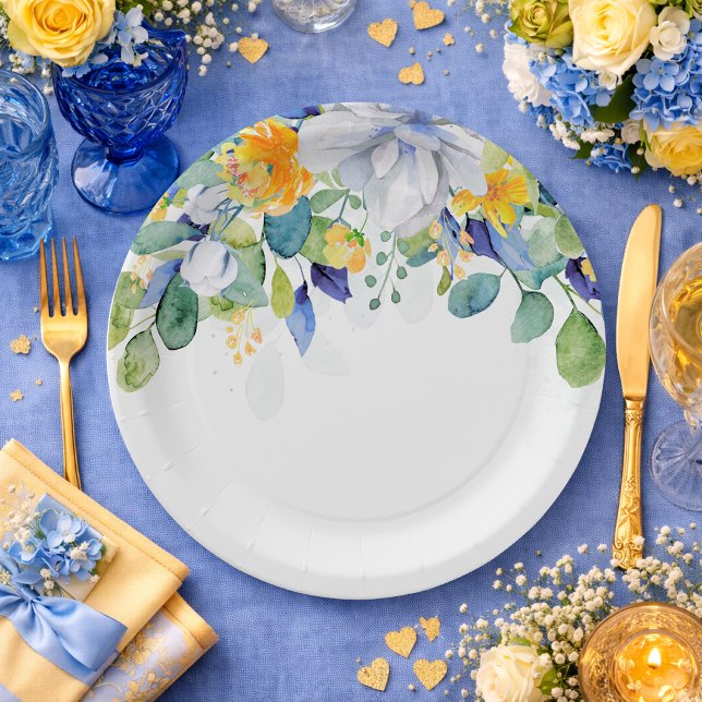 Elegante, blumengelbe blaue Hochzeit Pappteller (Von Creator hochgeladen)