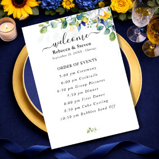 Elegante, blumengelbe blaue Hochzeit Programm