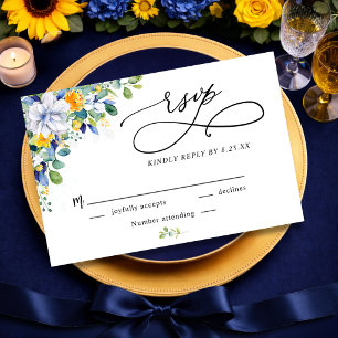 Elegante, blumengelbe blaue Hochzeit RSVP Karte