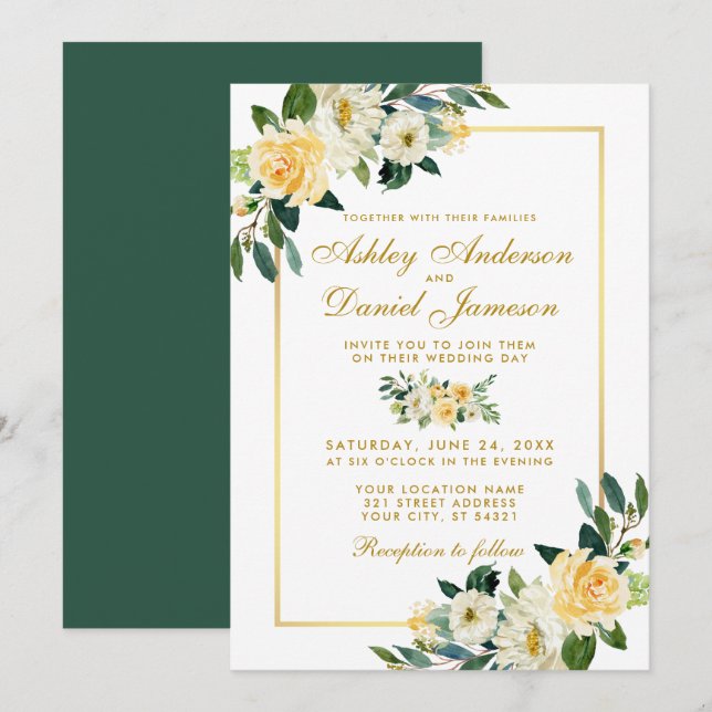 Elegante Blumengelbe goldgrüne Hochzeit Einladung (Vorne/Hinten)