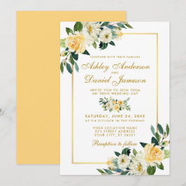 Elegante Blumengelbe Goldweiße Hochzeit Einladung