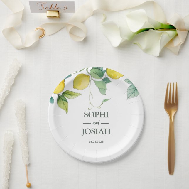 Elegante, blumengelbe Limone Zitronenhochzeit Pappteller (Hochzeit)