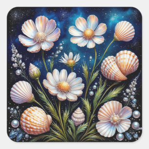 Elegante Blumengestaltung mit Muscheln Quadratischer Aufkleber