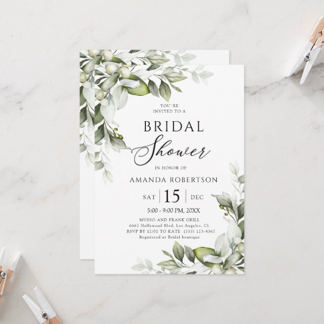 Elegante Blumengrün Bridal Dusche Einladung (Vorderseite/Rückseite Beispiel)