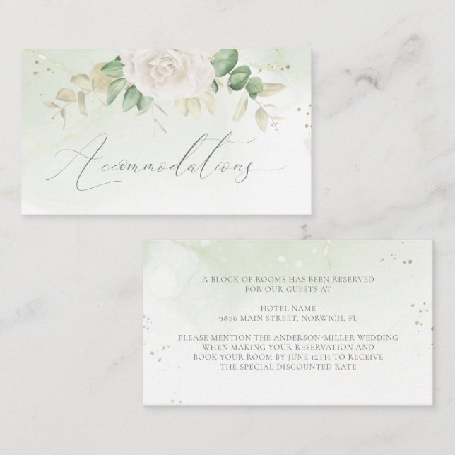 Elegante Blumengrün Hochzeitsunterkünfte Begleitkarte (Vorne/Hinten)