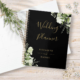 Elegante Blumengrün Schwarz und Gold Hochzeit Planer