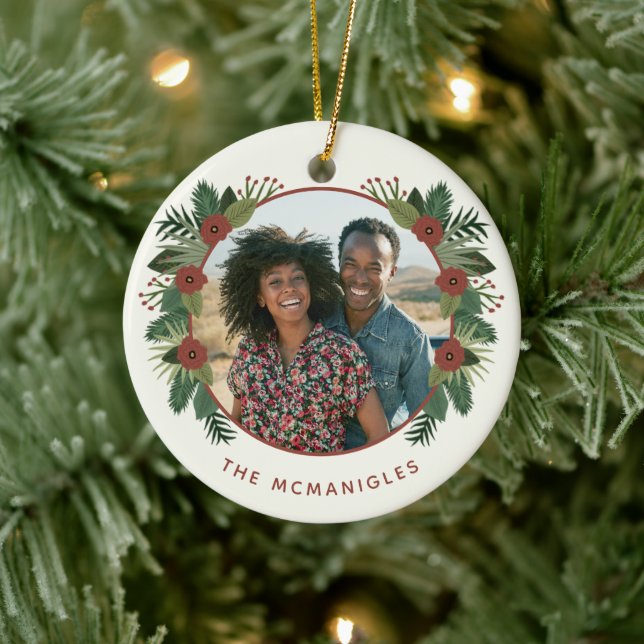 Elegante Blumengrün Weihnachten 2 Foto Familie Keramik Ornament (Baum)