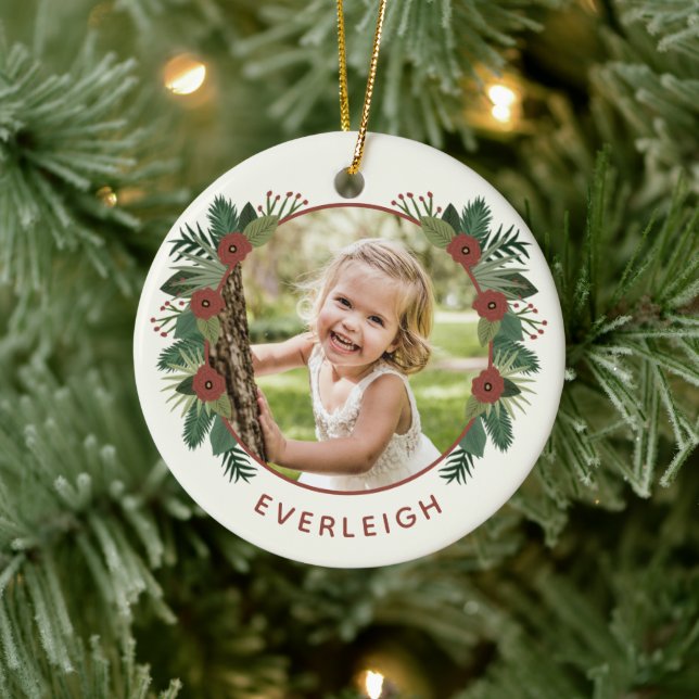 Elegante Blumengrün Weihnachten 2 Foto Kinder Keramik Ornament (Baum)