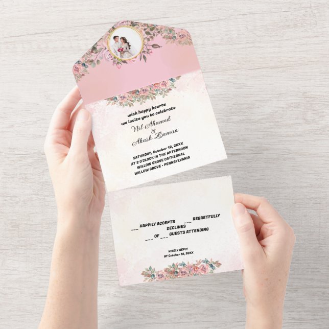 Elegante Blumenhochzeit All In One Einladung (Abreißtisch)