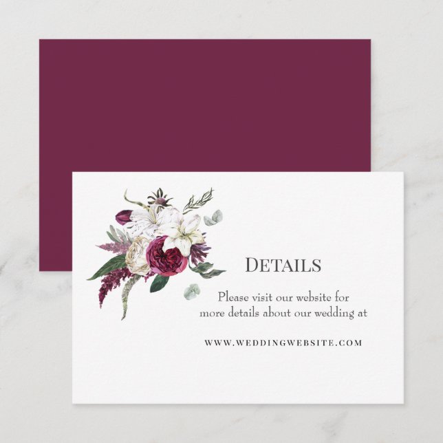 Elegante Blumenhochzeit Burgund Wasserfarben Begleitkarte (Vorne/Hinten)