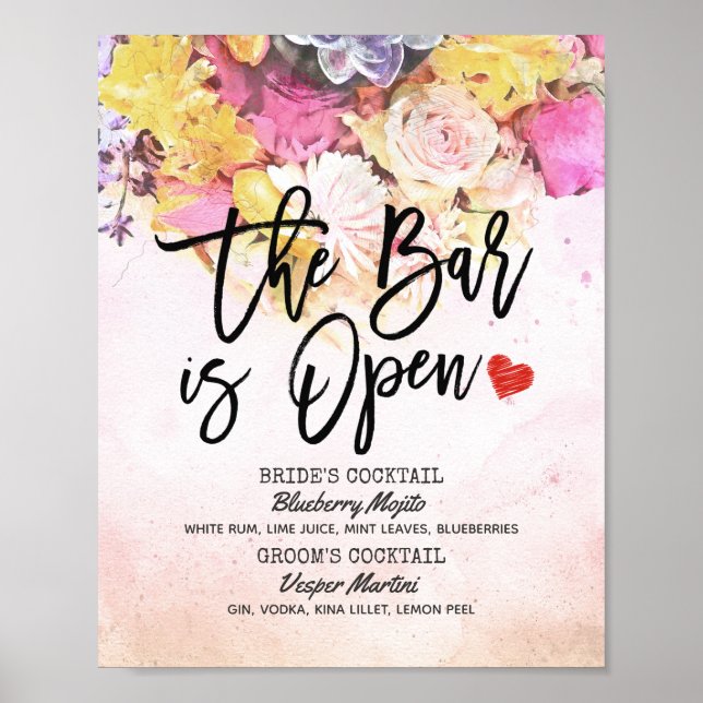Elegante Blumenhochzeit Das Bar ist ein Open Drink Poster (Vorne)