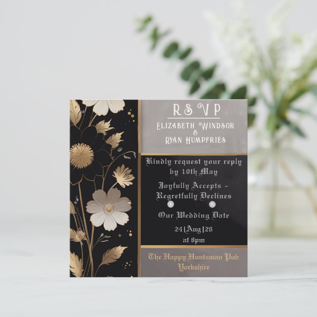 Elegante Blumenhochzeit Einladung Gold & Silber (Stehend Vorderseite)