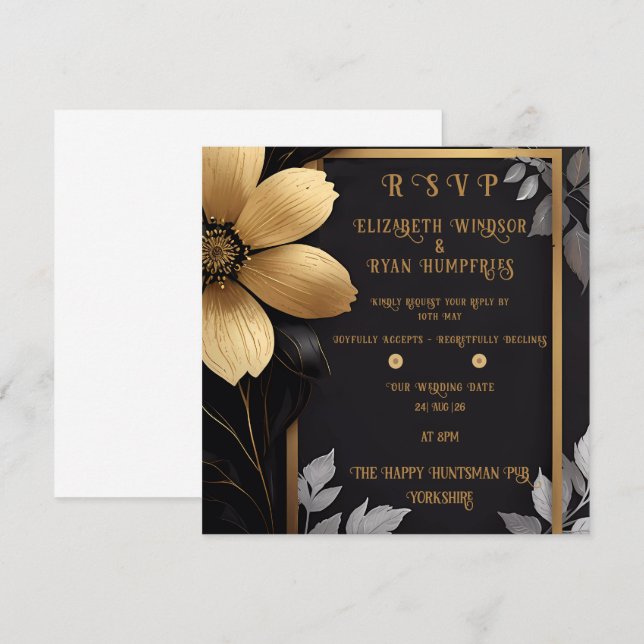 Elegante Blumenhochzeit Einladung Gold & Silber (Vorne/Hinten)