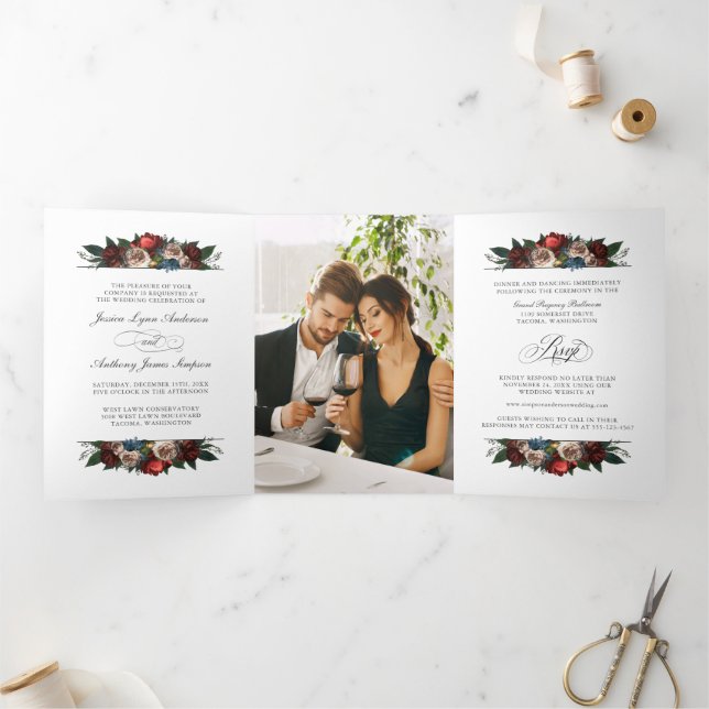 Elegante Blumenhochzeit Einladung mit Foto und UAW (Innenseite)