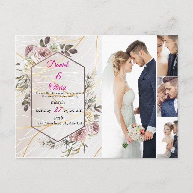 Elegante Blumenhochzeit Einladungspostkarte (Vorderseite)