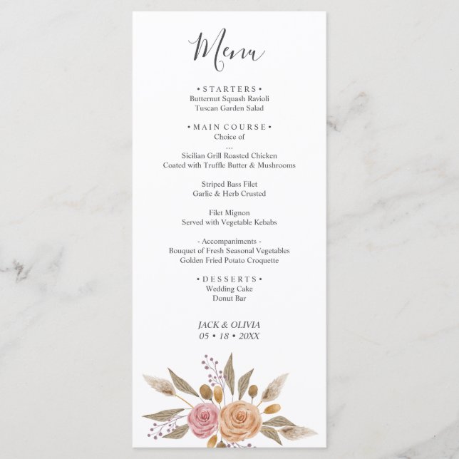 Elegante Blumenhochzeit Menükarte (Vorderseite)