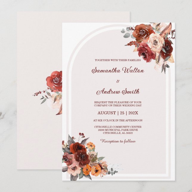 Elegante Blumenhochzeit mit Burgund und Peach Einladung (Vorne/Hinten)