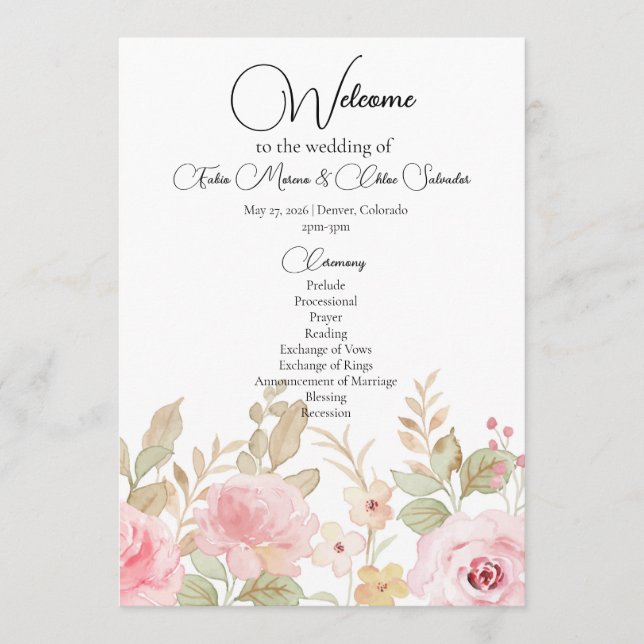 Elegante Blumenhochzeit Personalisierte Hochzeit Programm (Vorderseite)