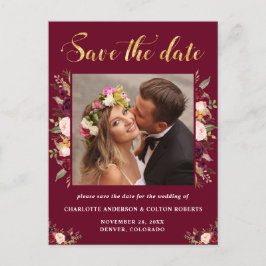 Elegante Blumenhochzeit rettet das Datum Burgund Ankündigungspostkarte