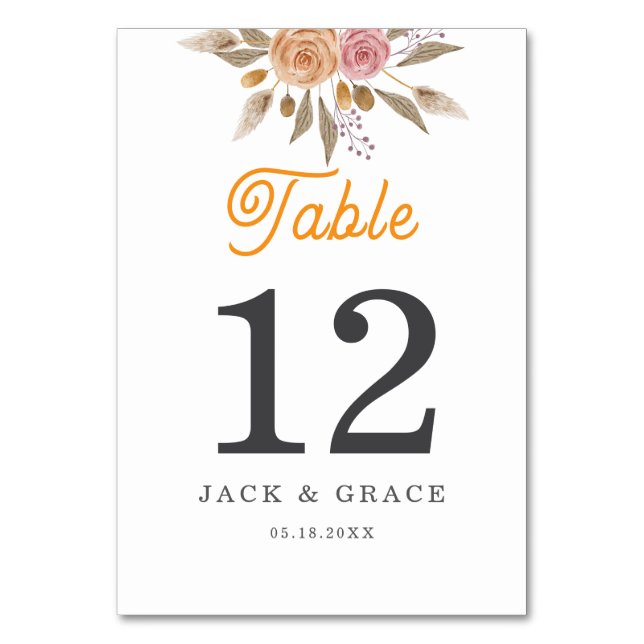 Elegante Blumenhochzeit Tischnummer (Vorderseite)