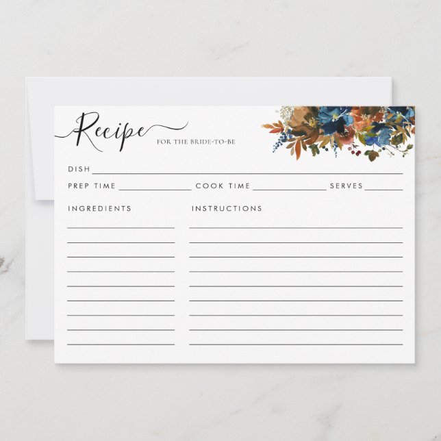 Elegante Blumenkarte Blue Brautparty Rezept Card (Vorderseite)
