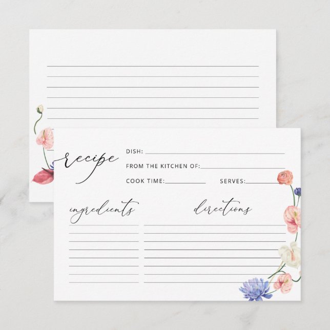 Elegante Blumenkarte Brautparty Rezept Karte (Vorne/Hinten)