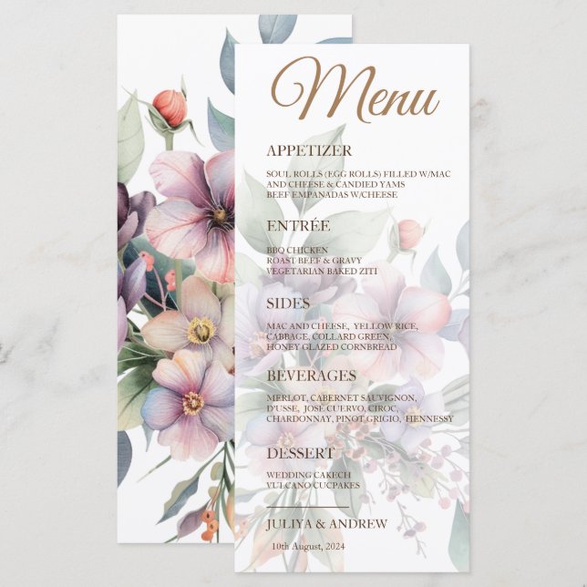 Elegante Blumenkarte mit Aquarellfarben Menükarte (Vorne/Hinten)