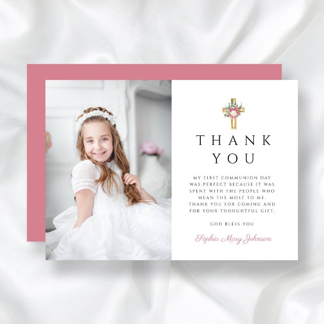 Elegante Blumenkreuz Dankeskarte (Elegant Floral Cross Girl First Communion Thank You Card)