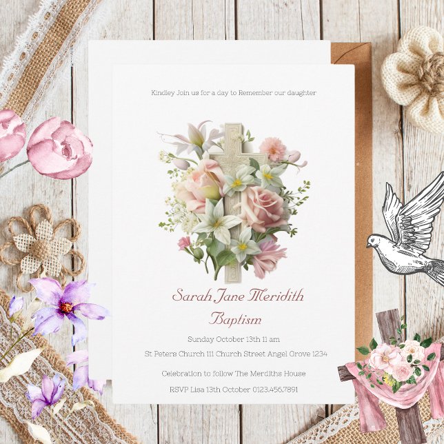 Elegante Blumenkreuz Einladung (Elegant Floral Cross Baptism Invitation )