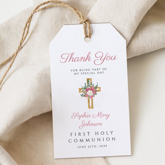 Elegante Blumenkreuz Geschenkanhänger (Elegant Floral Cross Girl First Communion Gift Tags)