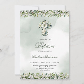 Elegante Blumenkreuze, weiße Lilien & Rose Taufe Einladung