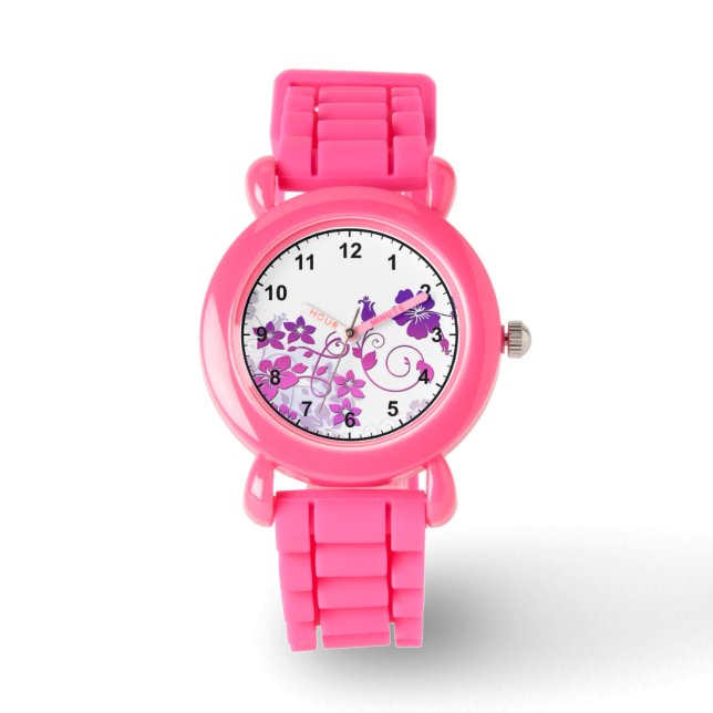 Elegante Blumenkunst mit rosafarbenem Glitzer Armbanduhr (Vorderseite)