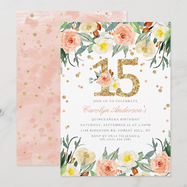 Elegante Blumenmädchen 15. Geburtstag Einladungen (Vorne/Hinten)