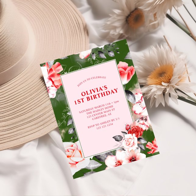 Elegante Blumenmädchen 1. Geburtstag Einladung (Von Creator hochgeladen)