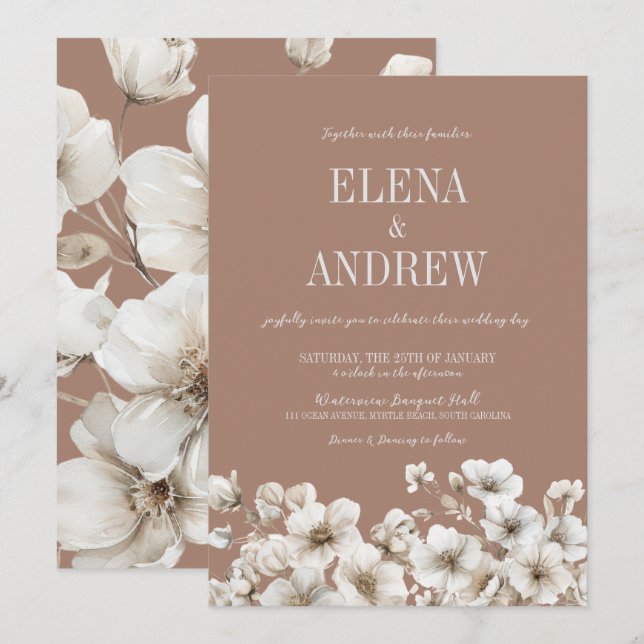 Elegante Blumenmocha Brown und White Wedding Einladung (Vorne/Hinten)