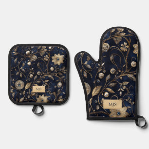 Elegante Blumenmuster Ofenhandschuh & Topflappen-Set