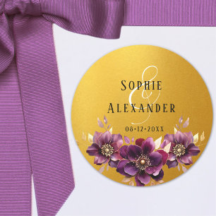 Elegante Blumennamen Datum Hochzeit Goldene Sticke Runder Aufkleber